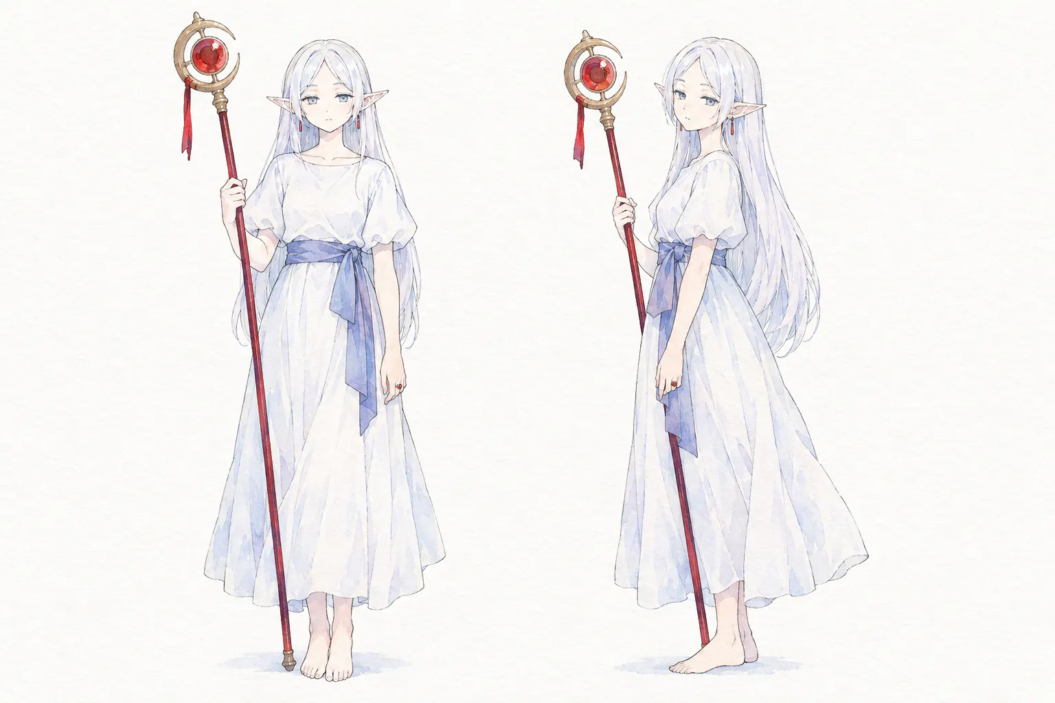 Frieren from the front and from the side, her staff in hand, in a white dress with a lavender sash