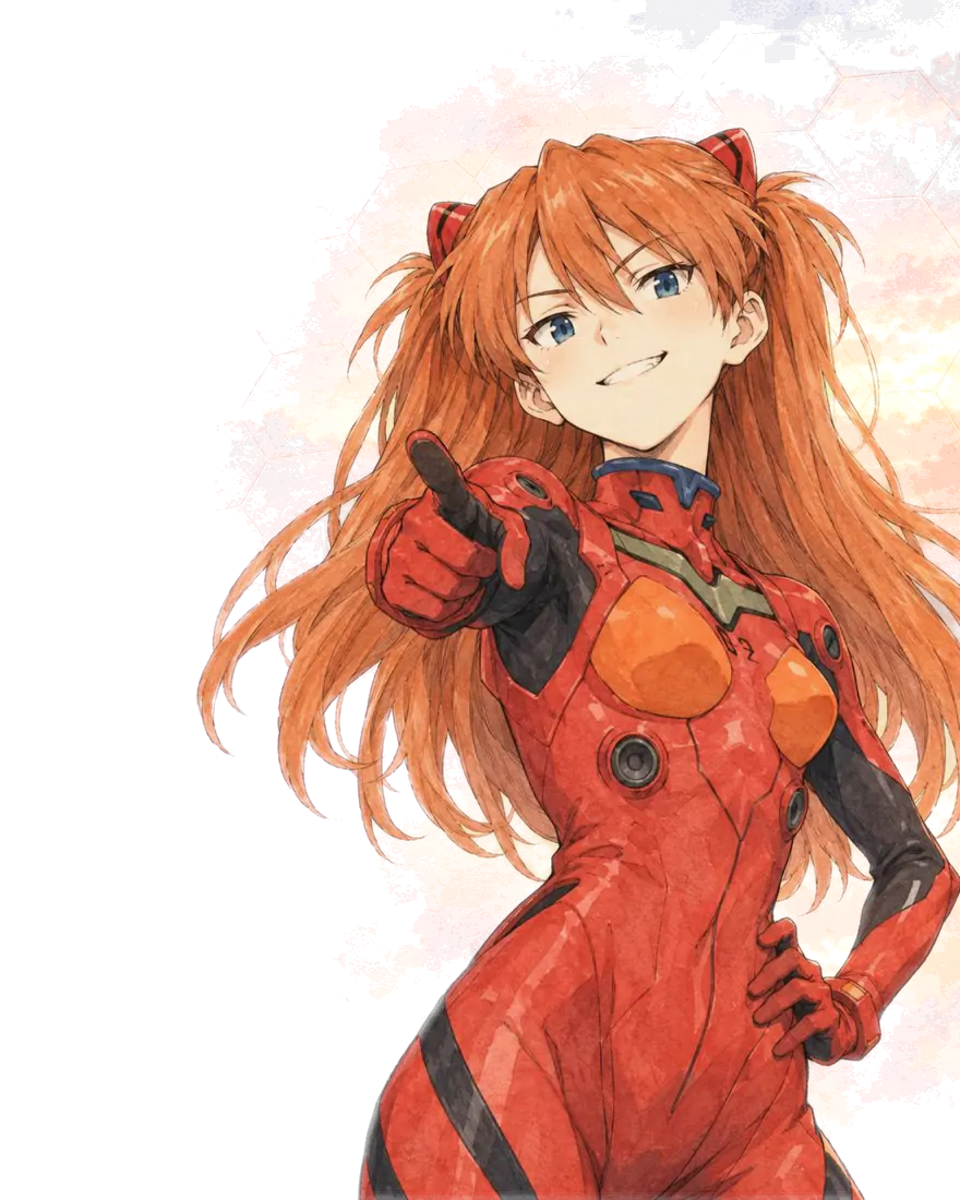 Asuka in her red plugsuit, grinning and pointing straight at you, one hand on her hip