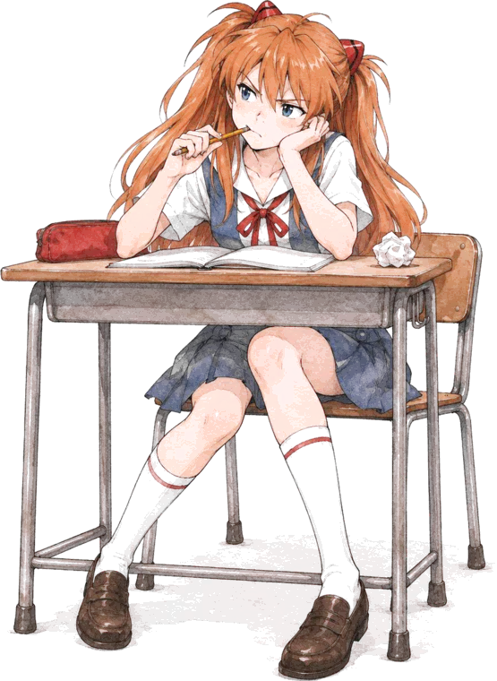 Asuka at a school desk, chin in her hand, pen in her mouth, bored with her notebook