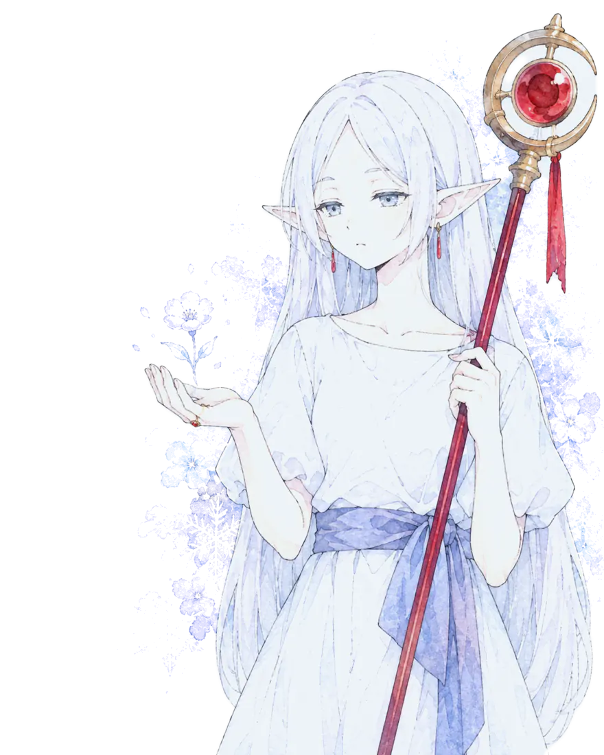 Frieren, the elf mage, with a small blue flower blooming above her palm and her staff in her other hand