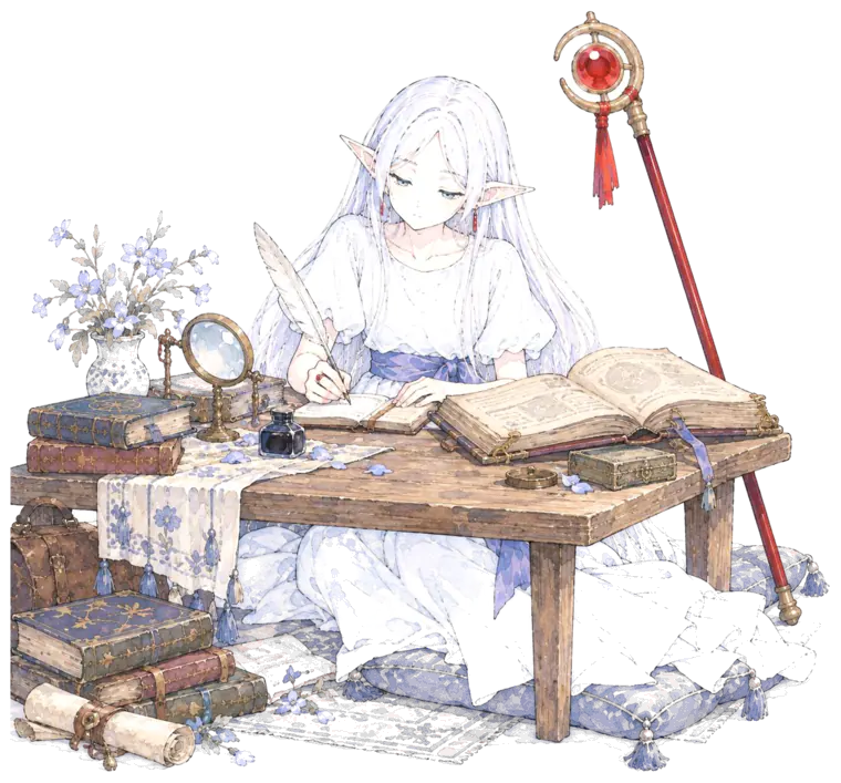 Frieren at a low desk, copying a spell from an old grimoire with a quill