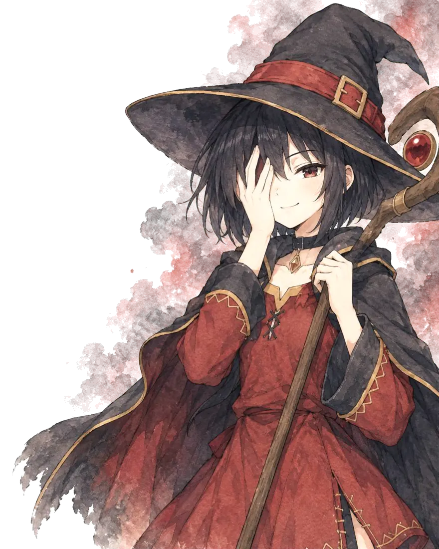 Megumin, the explosion mage, covering one eye with a confident grin, her staff over her shoulder