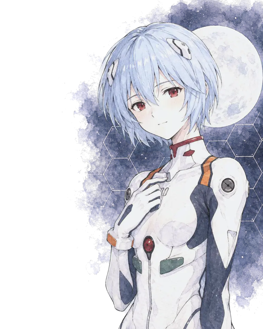 Rei in her white plugsuit, a hand on her chest, a full moon behind her
