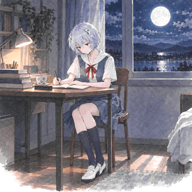 Rei writing at a desk by lamplight at night, a full moon in the window